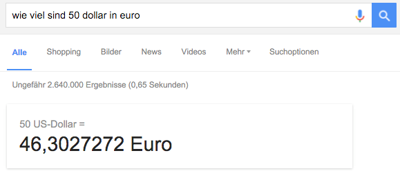 Google Suchergebnis Währungsrechner