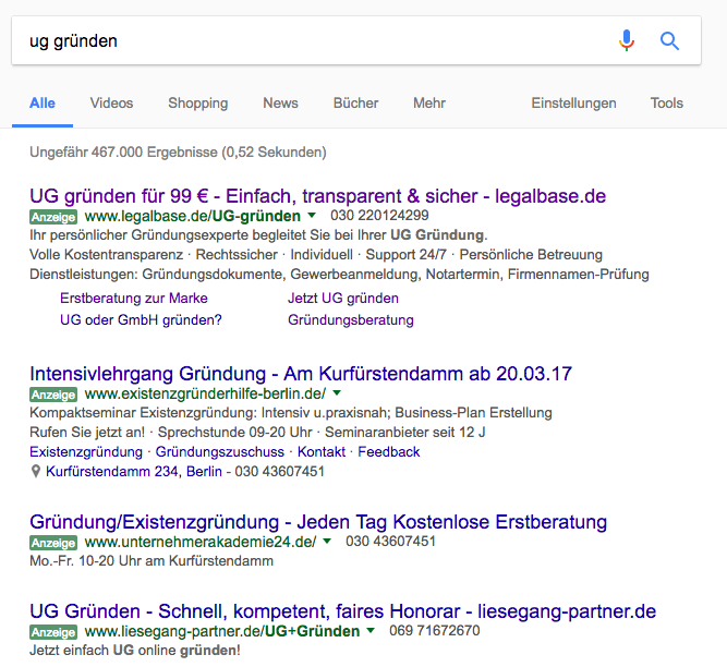Google Suchergebnisse zum Keyword "ug gründen" vor der Umstellung